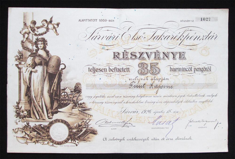 S�rv�ri Els� Takar�kp�nzt�r r�szv�ny 35 peng� 1926